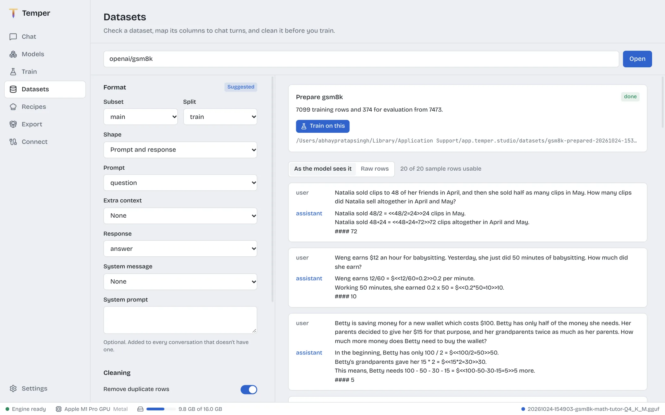 The Datasets page mapping a question column and an answer column to chat turns, with a preview of each conversation.