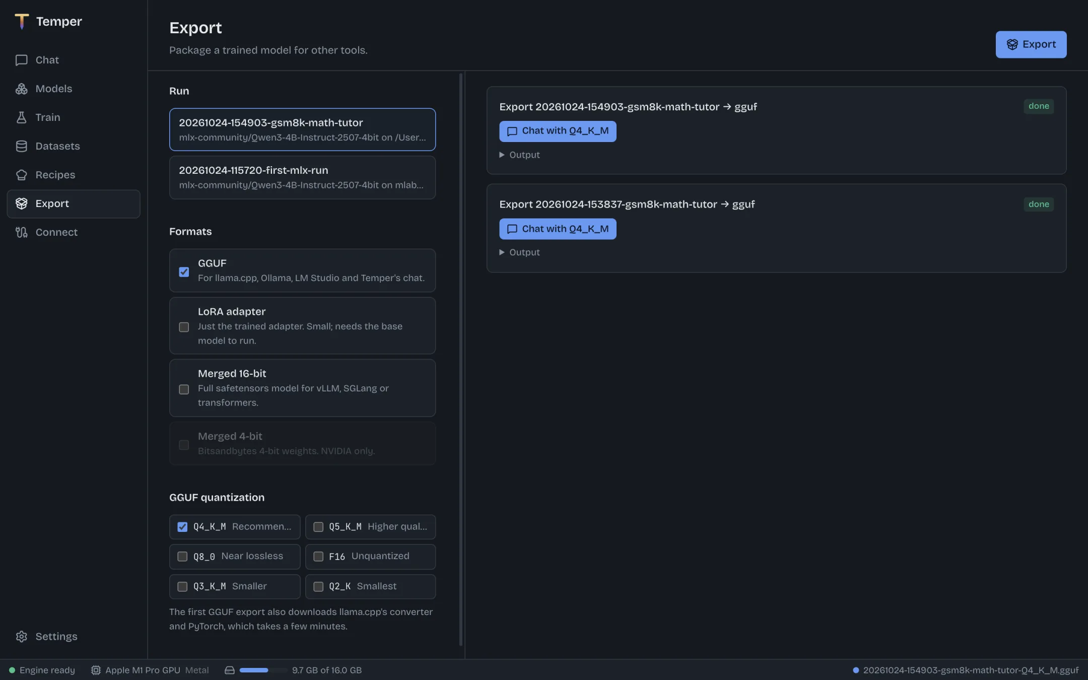 The Export page with a finished Q4_K_M GGUF export and a button to chat with it.