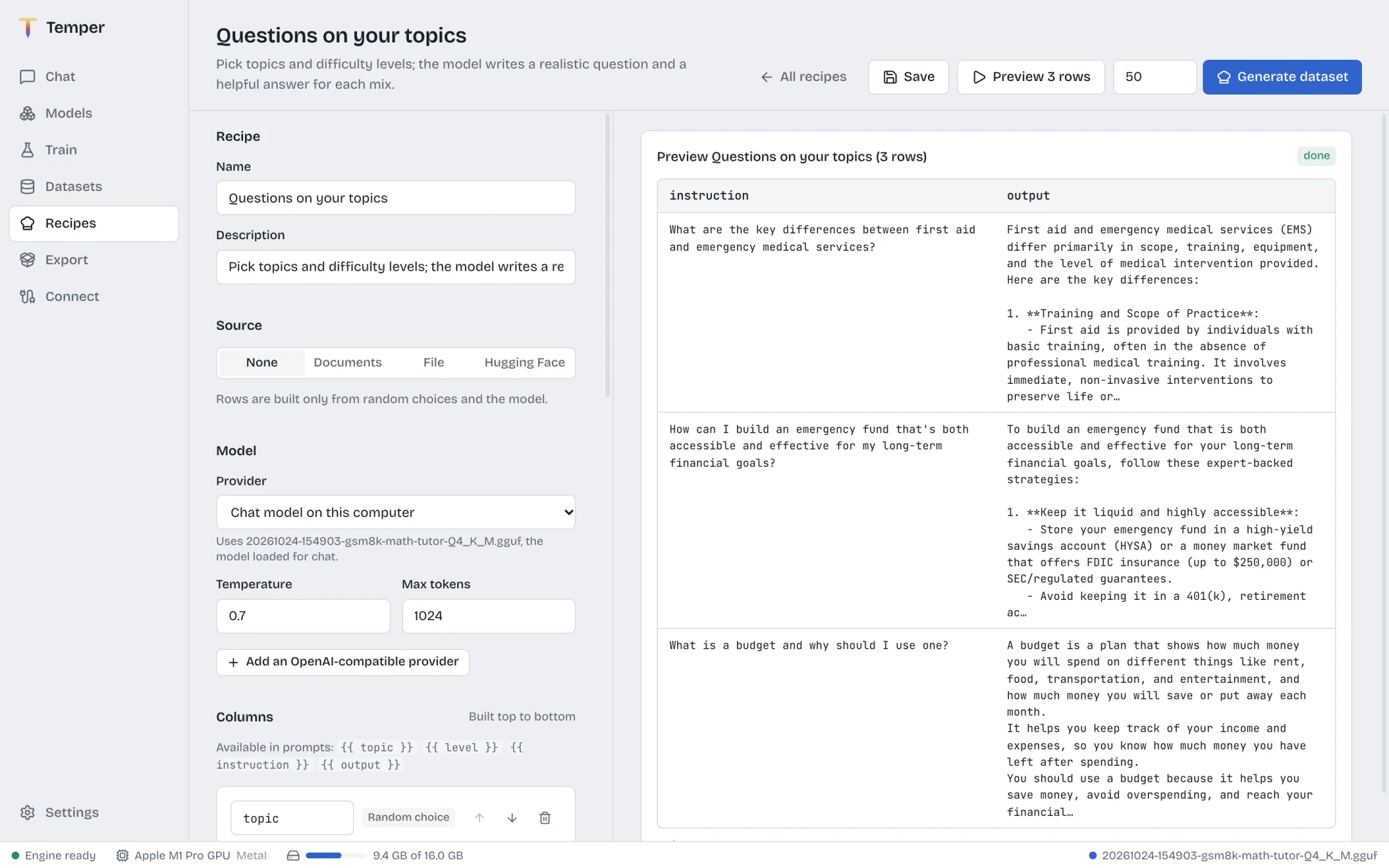 The Recipes page: columns for a topic, a question and an answer, with generated rows on the right.
